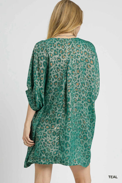 Metallic Leopard Print V-Neck Kimono Dress - Teal - product view 3