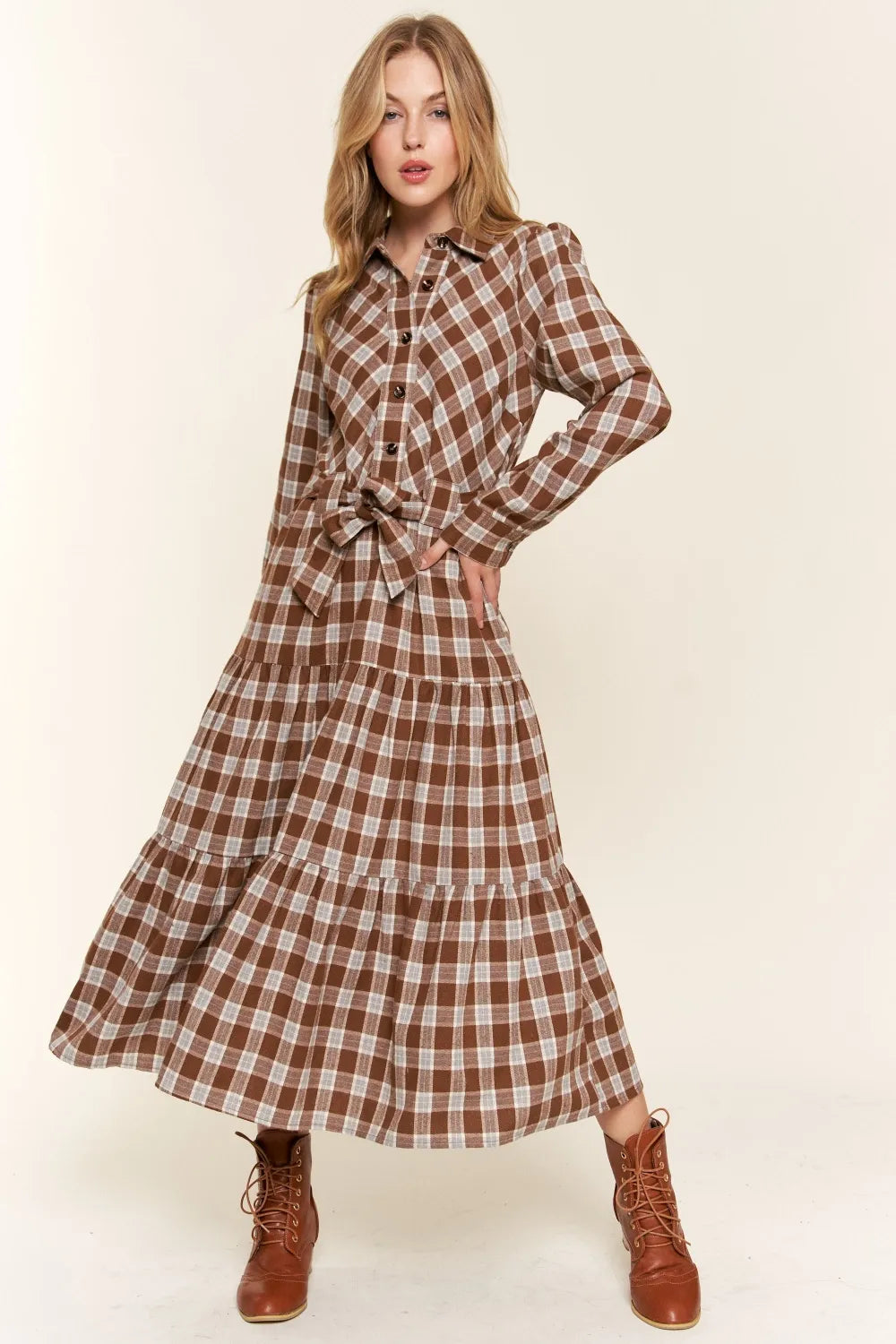 Plaid Tiered Midi Shirt Dress in Brown - product view 1