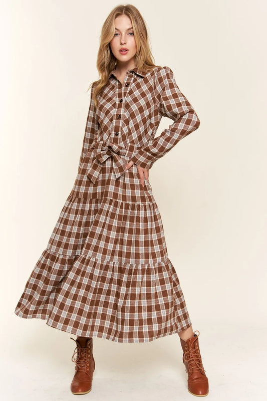 Plaid Tiered Midi Shirt Dress in Brown - product view 1