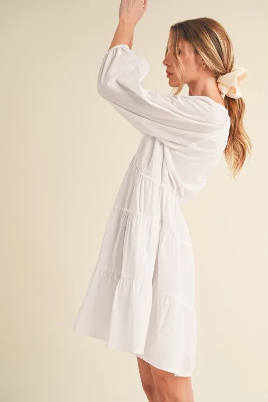 Notched Balloon Sleeve Tiered Mini Dress - White - product view 3