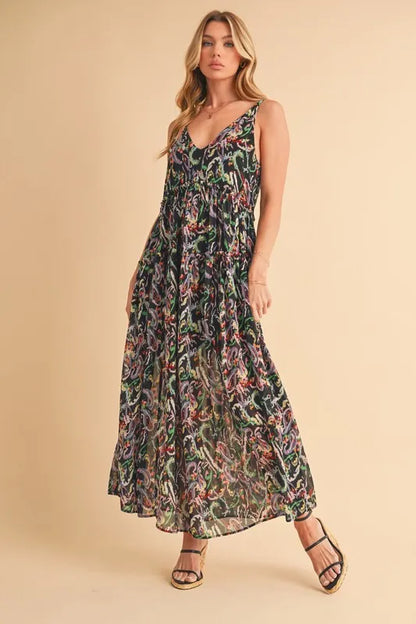 Printed V-Neck Frill Tiered Cami Dress in Black Multicolor - product view 4
