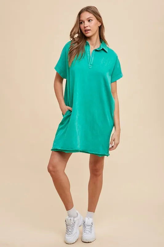 Mineral Washed Johnny Collar Short Sleeve Dress - Turquoise - product view 5