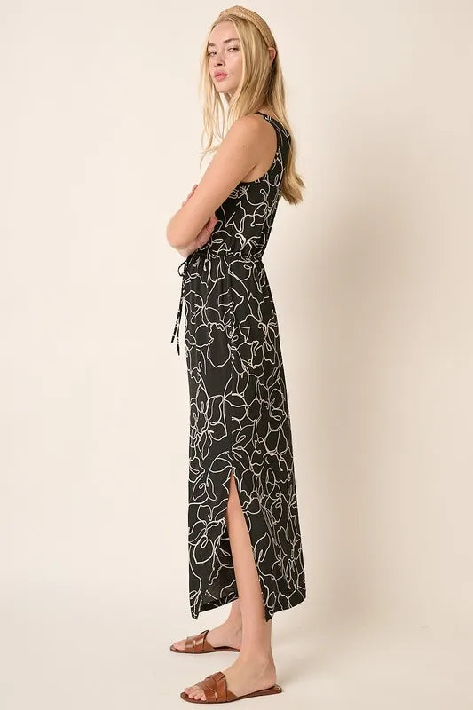 Side Slit Flower Print V-Neck Sleeveless Dress in Black - product view 3
