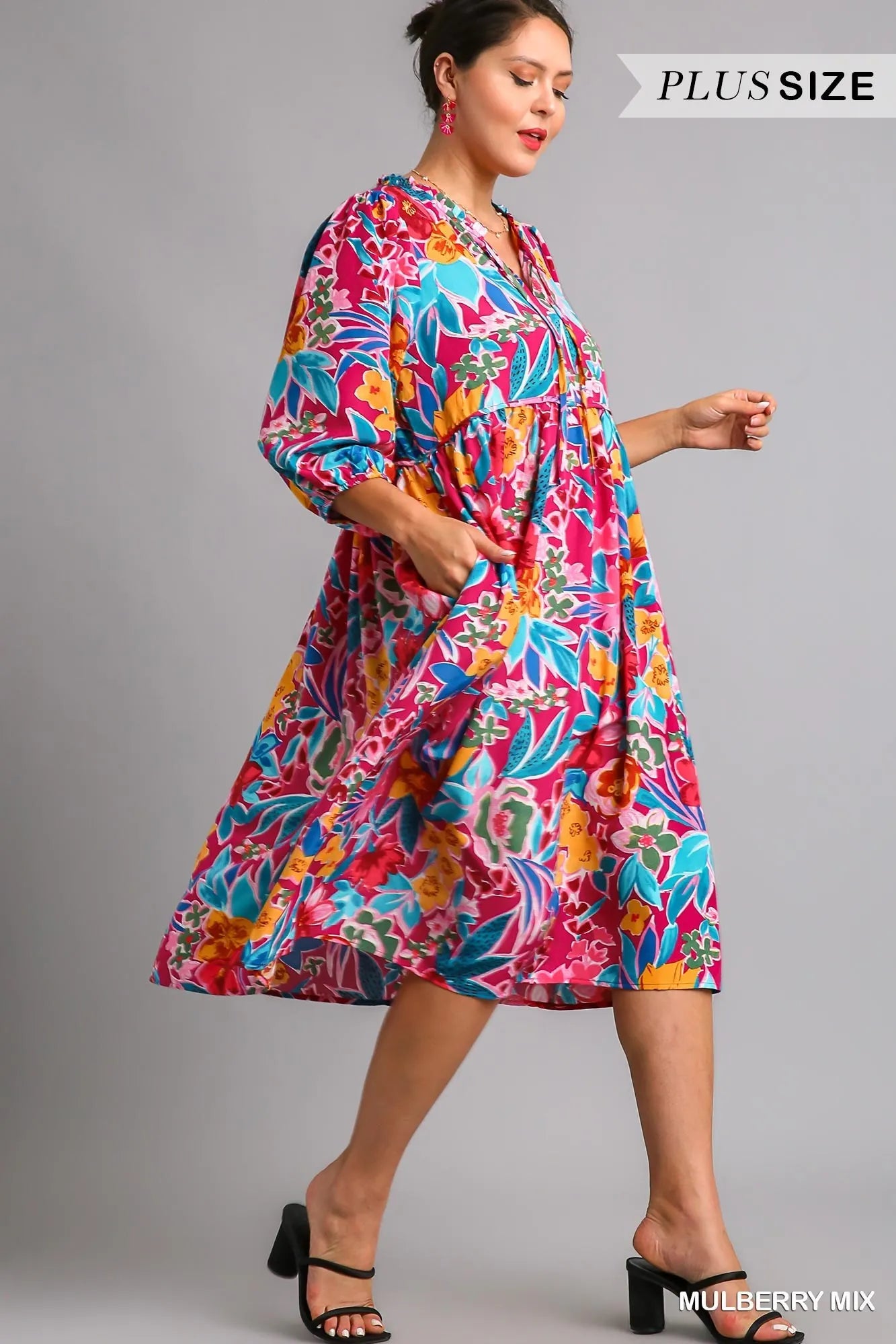 Full Size Floral Print Tie Neck Midi Dress with Pockets Plus Size in Mulberry Mix - product view 8