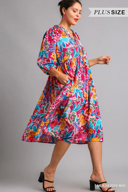 Full Size Floral Print Tie Neck Midi Dress with Pockets Plus Size in Mulberry Mix - product view 8