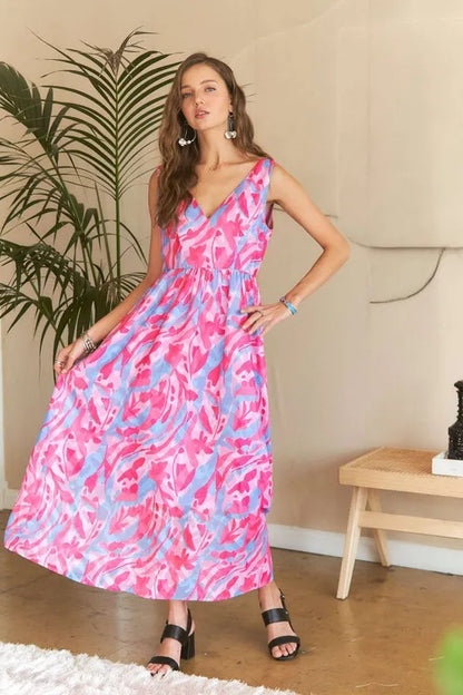 Abstract Floral V-Neck Maxi Dress in Pink Blush Combo - product view 5