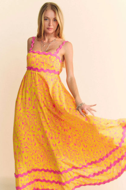 Geo 2 Tone Printed Wavi Trim Tiered Maxi Dress - Pink - product view 9