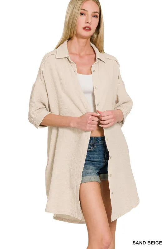 Washed Double Gauze Button Down Shirt Dress - Sand Beige - product view 3