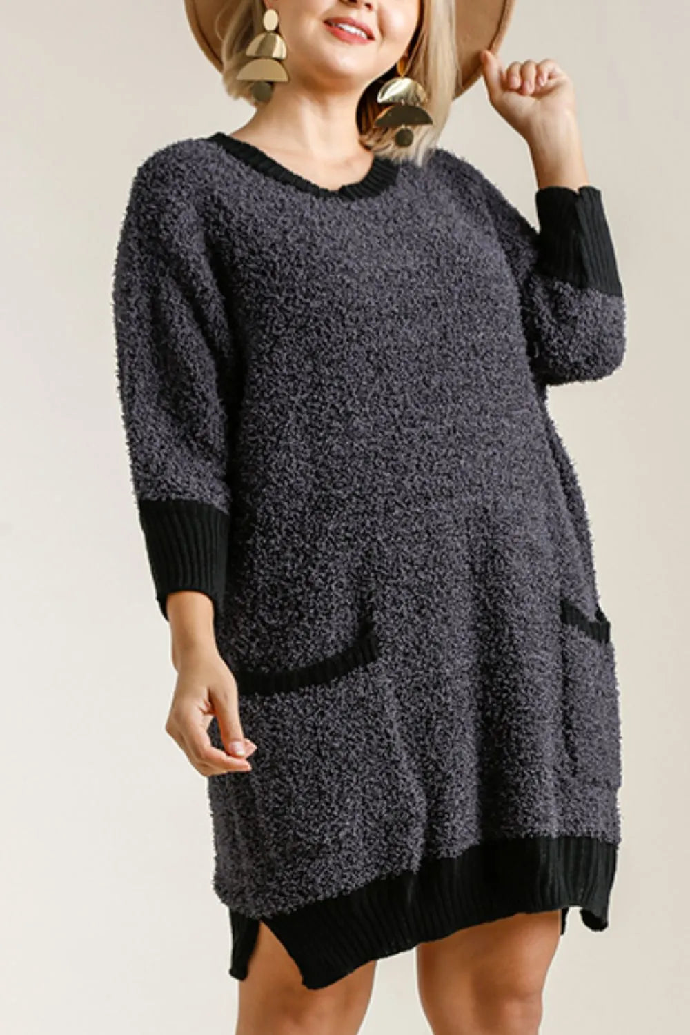 Full Size Ribbed Hem Round Neck 3/4 Sleeve Sweater Dress with Pockets Plus Size - Black - product view 4