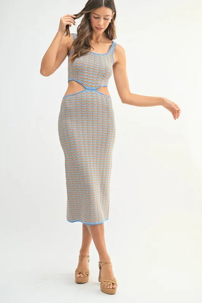 Multi Color Chevron Knit Bodycon Midi Dress in Aqua - product view 1
