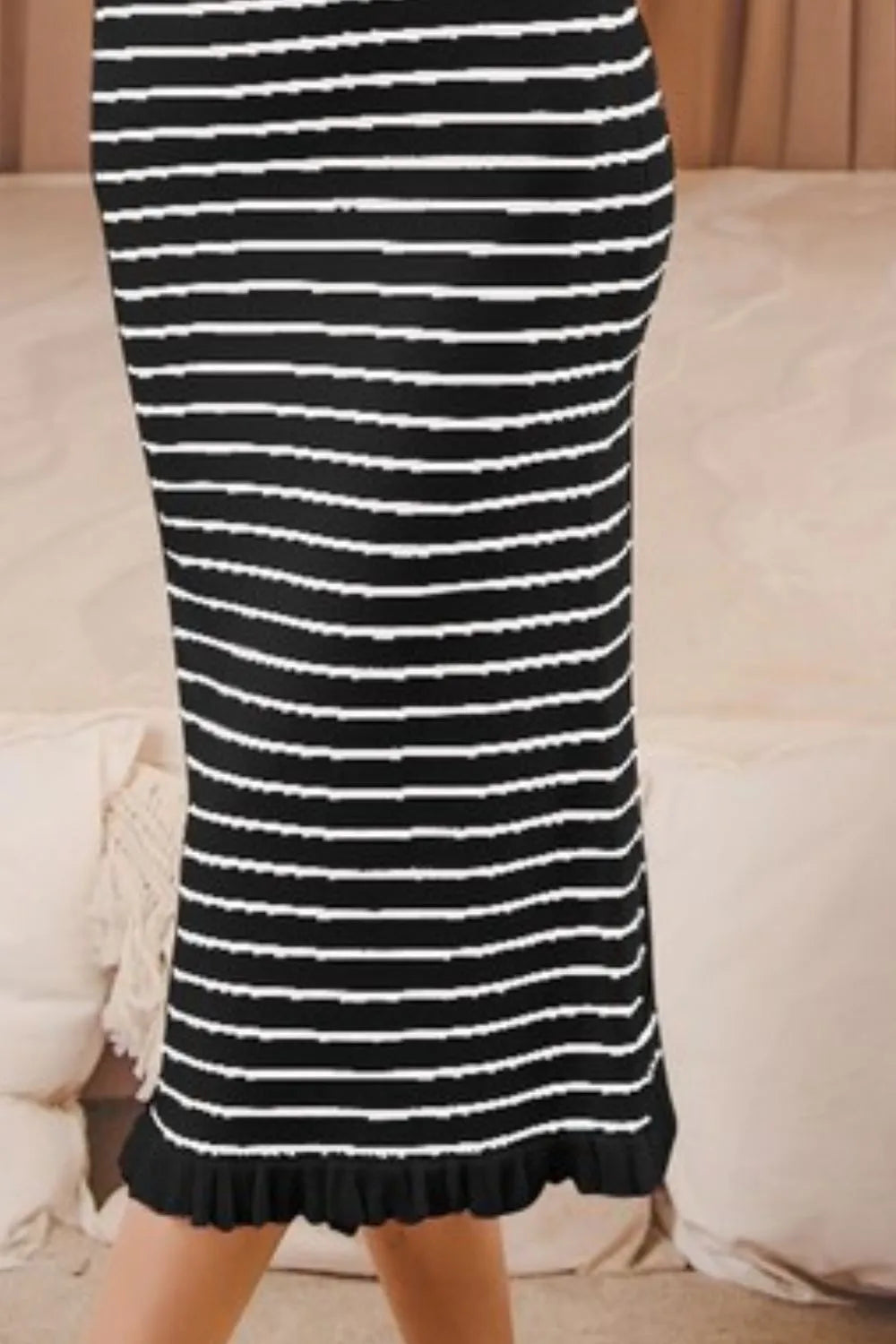 Stripe Sleeveless Sweater Knit Maxi Dress With Ruffled Hem - Black/Off White - product view 3