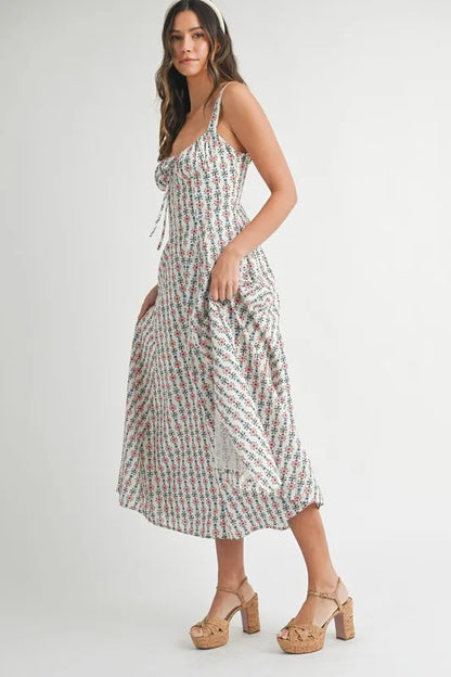 Floral Print Bustier Back Lace Up Midi Dress - Cream - product view 10