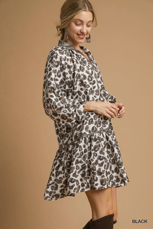 Leopard Print Tiered Mini Dress - Black - product view 2