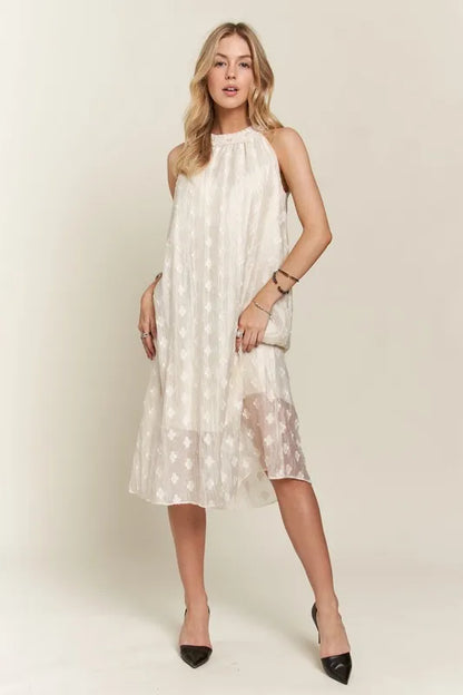 Applique Pearl Detail Grecian Neck Midi Dress in Beige - product view 8