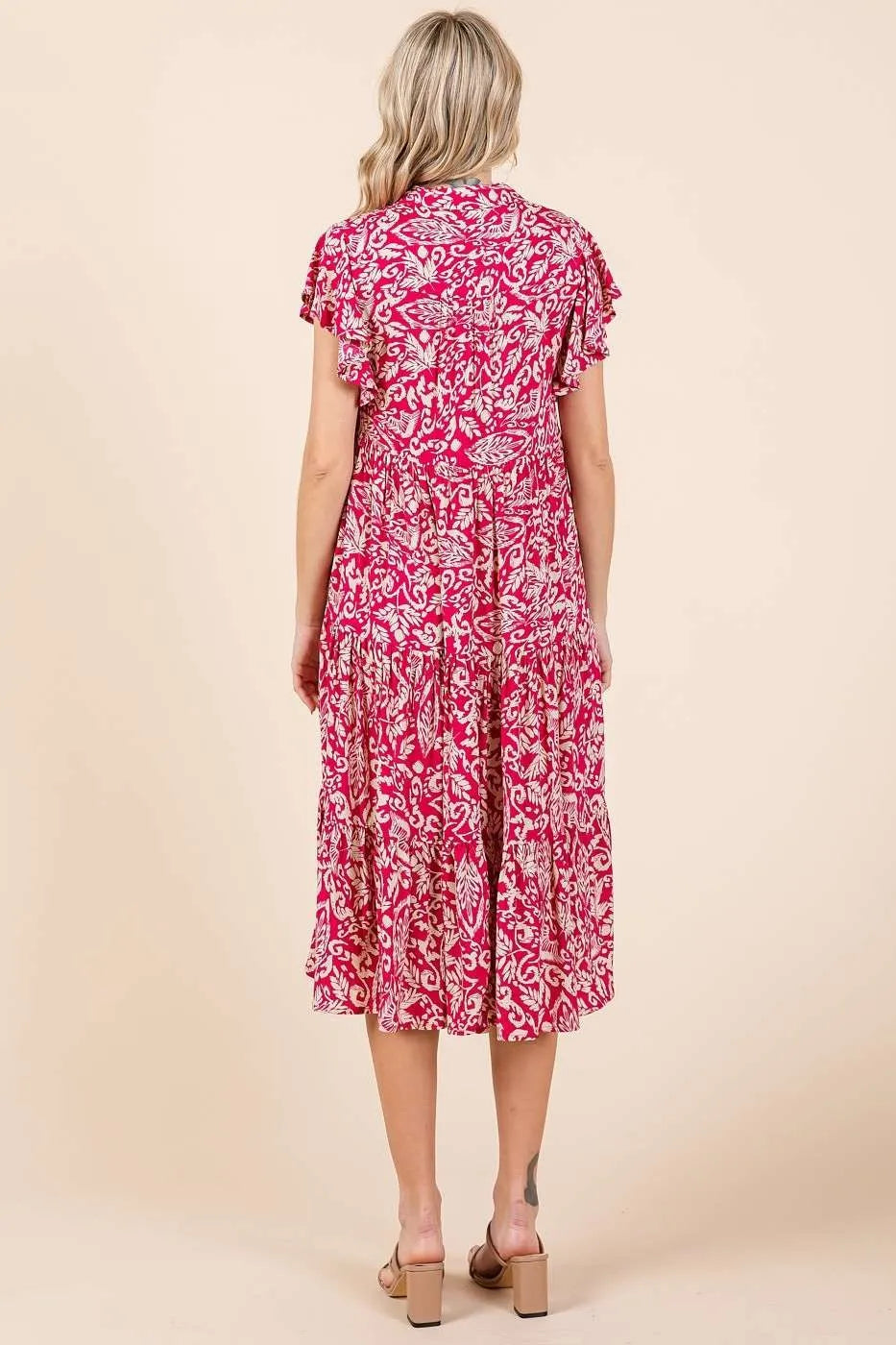 Abstract Print Ruffle Tier Midi Dress - Fuchsia - product view 3