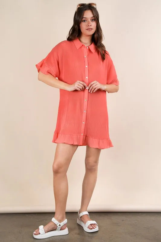 Pleated Detail Button Down Mini Dress - Orange - product view 5