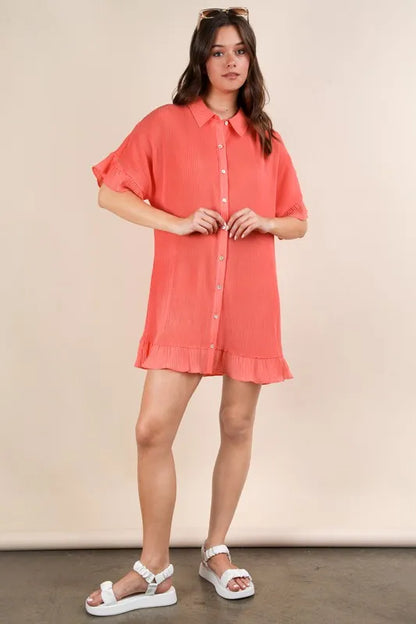 Pleated Detail Button Down Mini Dress - Orange - product view 5
