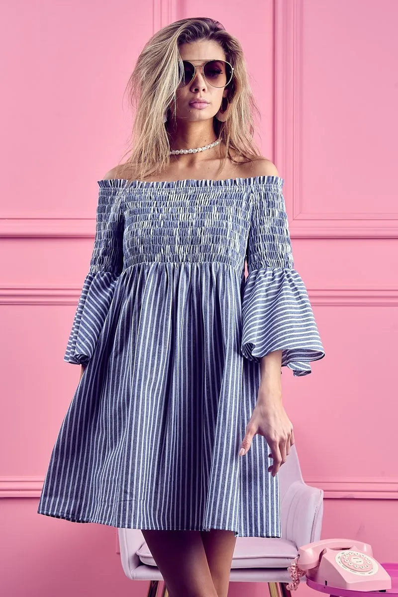 Smocked Off Shoulder Striped Dress - Denim - product view 2