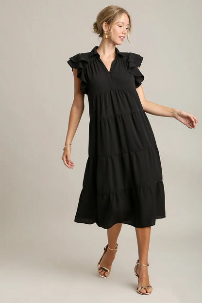 Full Size Johnny Collar Ruffle Cap Sleeve Tiered Dress Plus Size - Black - Umgee USA - Style 41519 - product view 1