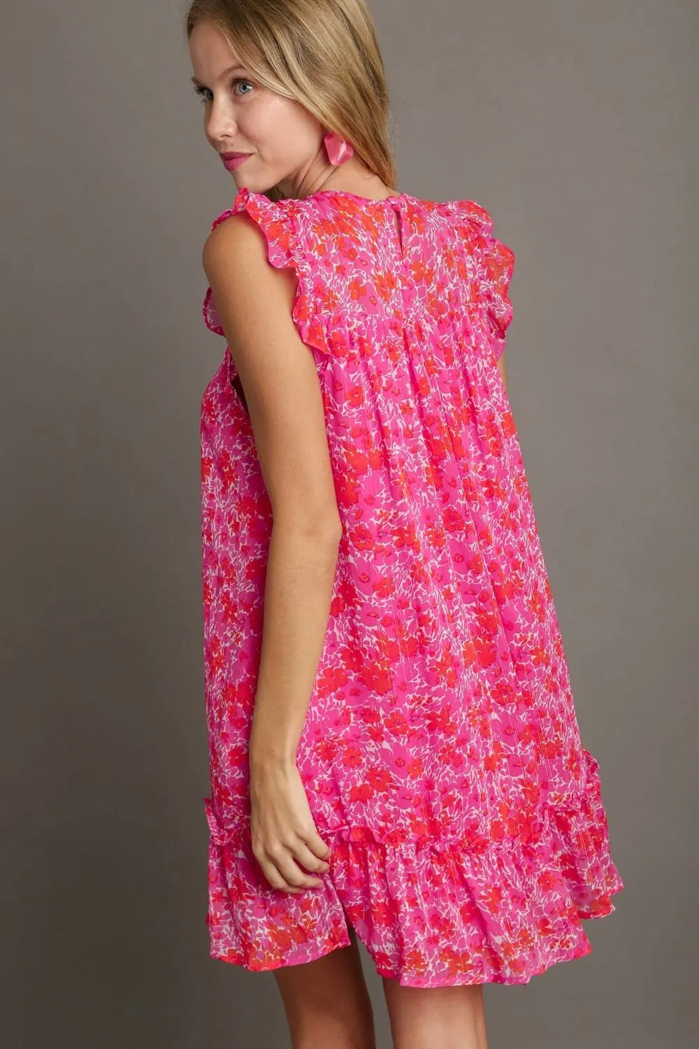 Full Size Smocked Detail Floral Metallic Ruffle Cap Sleeve Dress Plus Size - Hot Pink - product view 2
