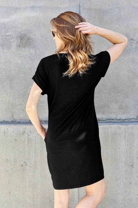 Bamboo Full Size Round Neck Short Sleeve Dress with Pockets in Black - product view 2