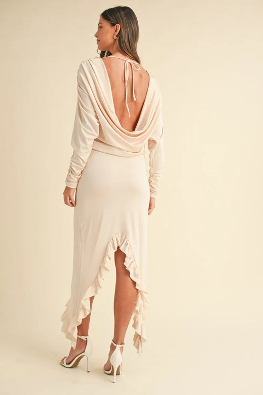 Backless Asymmetric Ruffle Hem Dress - Cream - product view 2