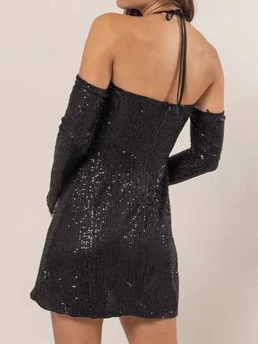 Sequin Rosette Halter Mini Dress in Black - product view 2