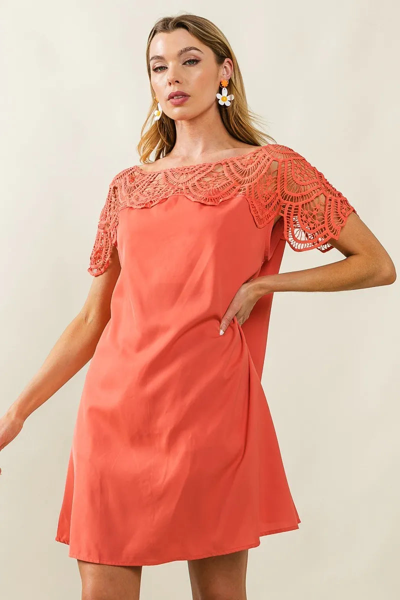 Crochet Lace Yoke Detailed Wrinkled Dress - Apricot - product view 4