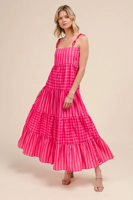 Stripe Tiered Maxi Dress with Colorful Chain Strap in Pink/Red - product view 2