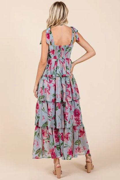 Layered Floral Sweetheart Neck Maxi Dress in Dusty Blue - product view 2
