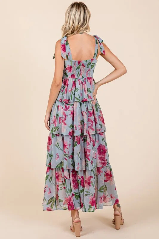 Layered Floral Sweetheart Neck Maxi Dress in Dusty Blue - product view 2