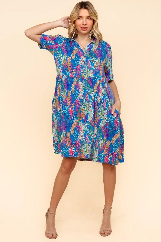 Johnny Collar Babydoll Dress with Side Pockets - Blue - product view 3
