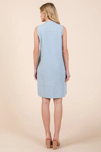 Denim Pintuck Detail Sleeveless Midi Dress in Lt Denim - product view 3