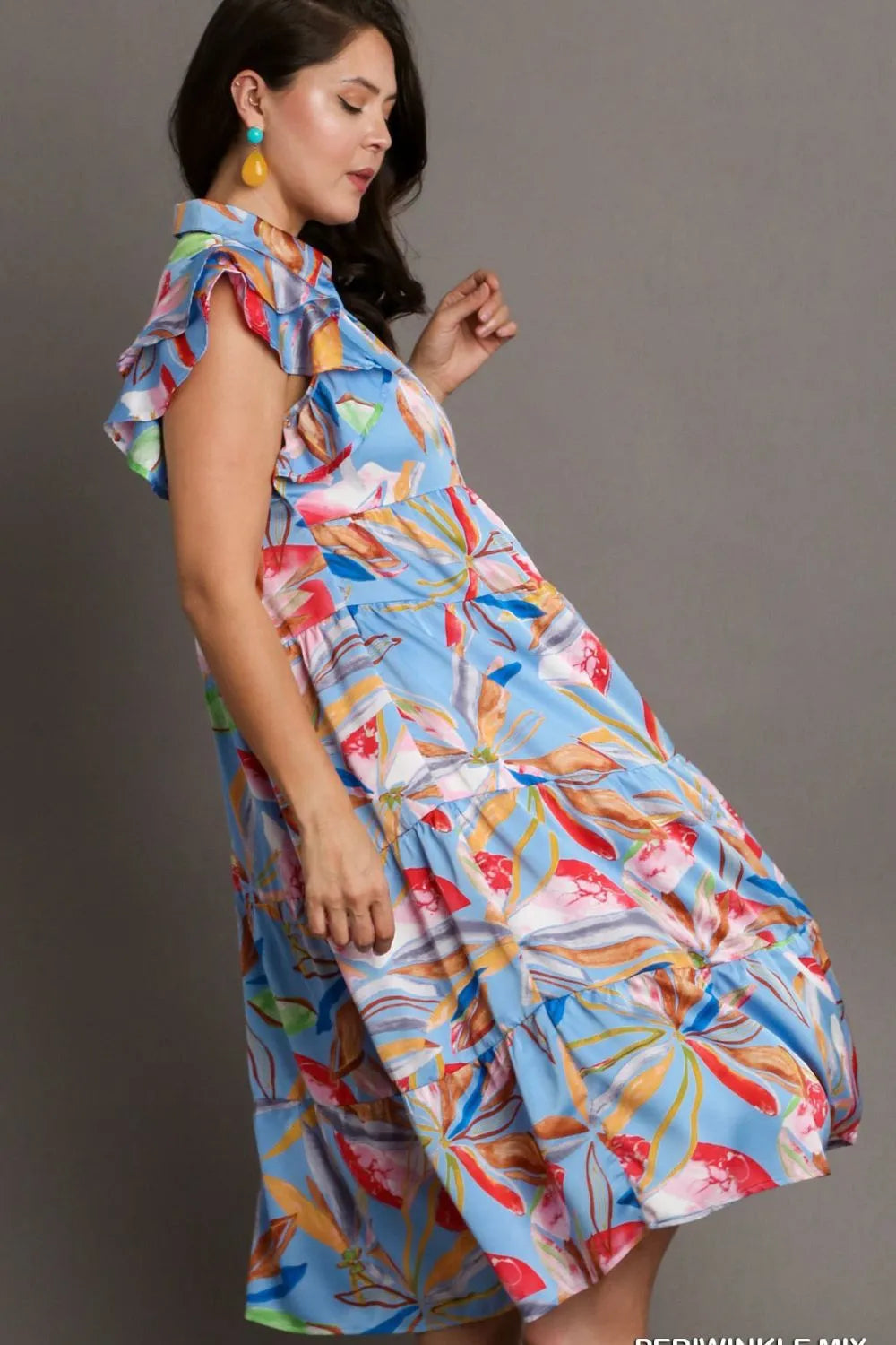 Full Size Leaf Print Double Layered Ruffle Sleeve Tiered Midi Dress Plus Size - Periwinklemix - product view 5