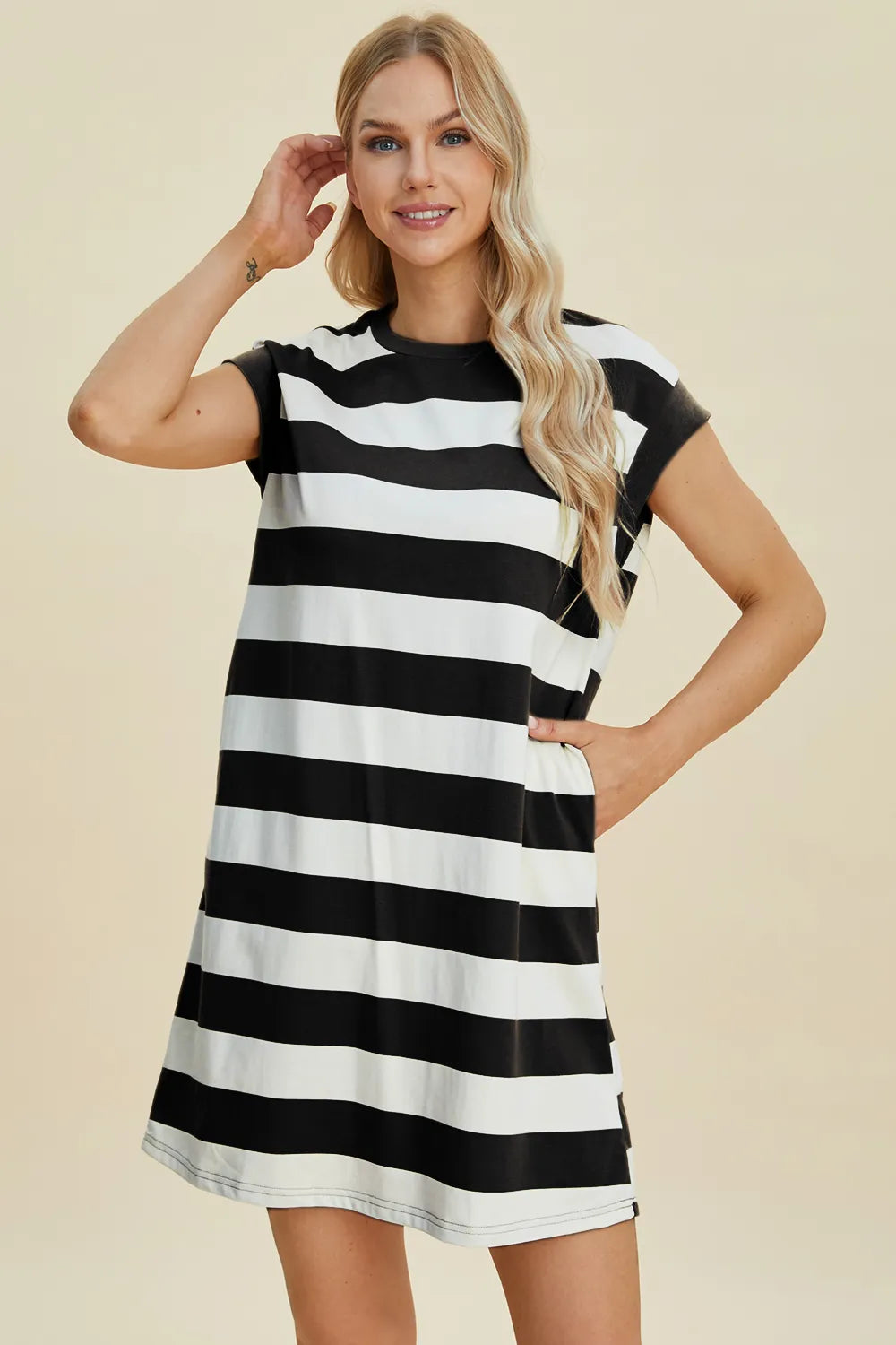 Full Size Striped Round Neck Cap Sleeve Mini Dress in Black, Camel and Dusty Blue - product view 1
