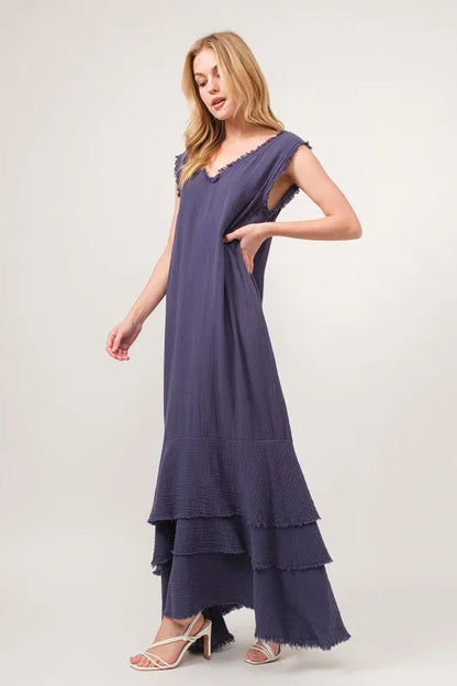 Washed Cotton Gauze Fringe Detail Tiered Dress - Navy - product view 5