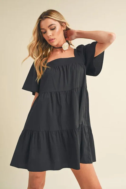 Square Neck Half Sleeve Tiered Dress - Black - product view 3