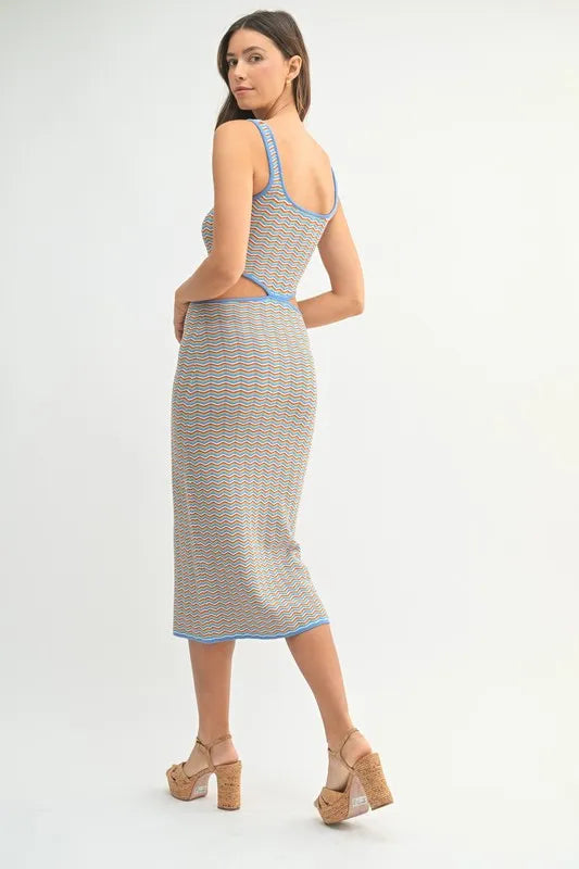 Multi Color Chevron Knit Bodycon Midi Dress in Aqua - product view 8