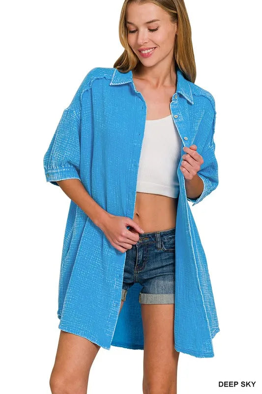 Washed Double Gauze Button Down Shirt Dress - Deep Sky - product view 3