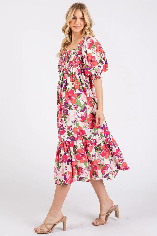 Flower Print Puff Sleeve Ruffle Smocked Midi Dress - Fuchsia - product view 1