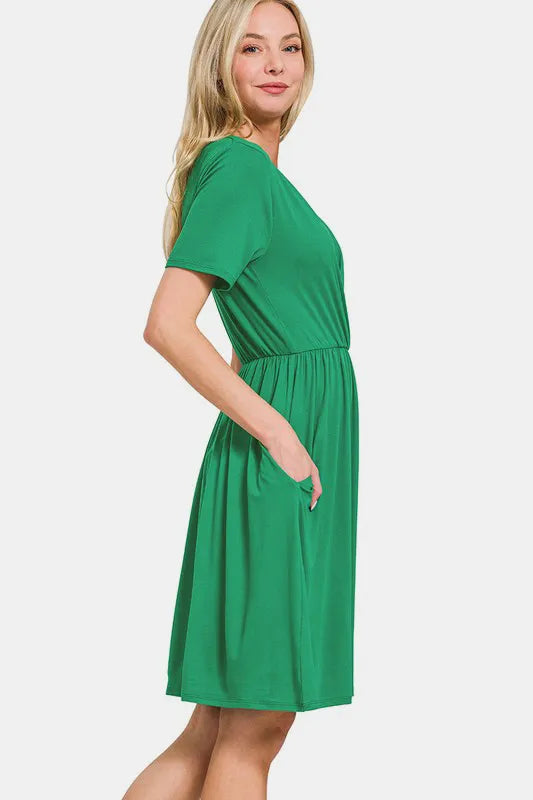 Surplice Short Sleeve Brushed DTY Dress - Green - product view 3