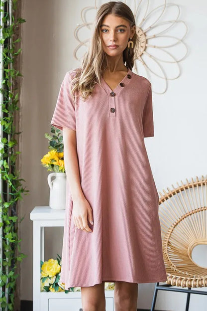 Full Size Solid Ribbed Mini Dress with Button Plus Size in Rose - product view 3