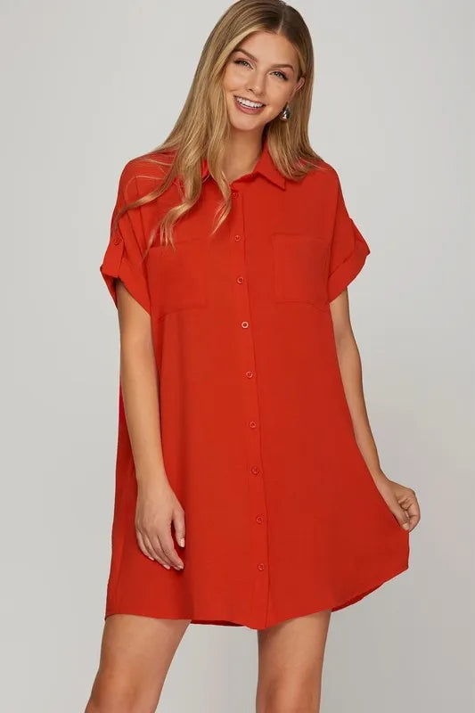 Full Size Button Down Short Sleeve Woven Shirt Dress Plus Size - Deep Red - product view 1
