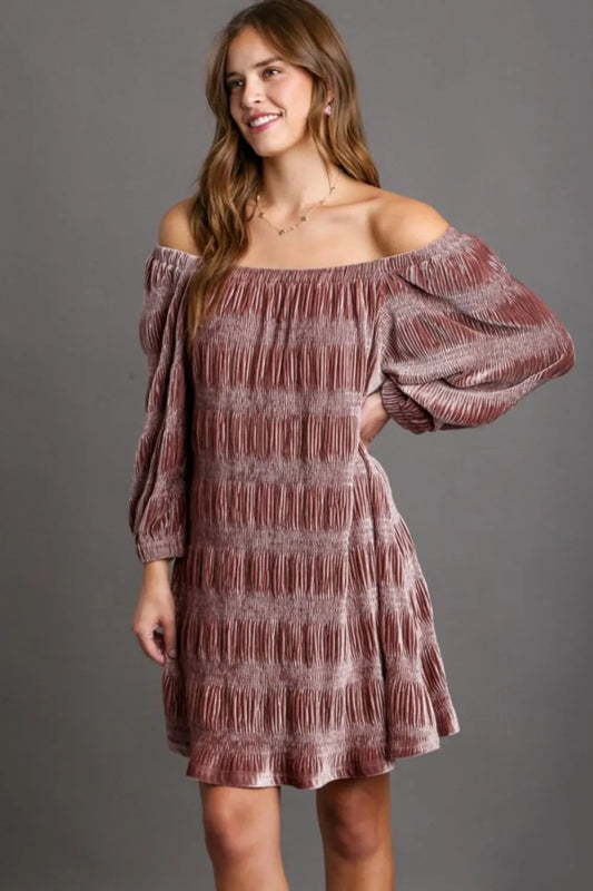 Off-Shoulder Balloon Sleeve Velvet Mini Dress - Dusty Pink - product view 1