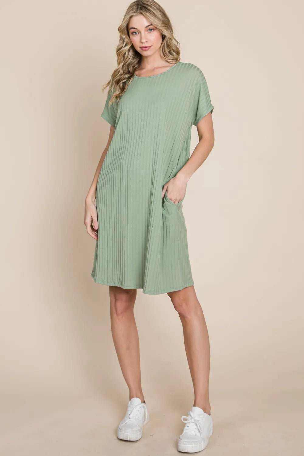 Ribbed Round Neck Short Sleeve Dress in Sage - product view 5