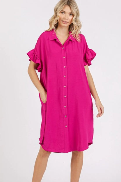 Button Down Flounce Sleeve Dress with Pockets - Fuchsia Pink - product view 3
