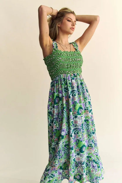 Multi Smocked Bodice Geo Ruffle Strappy Midi Dress - Hunter Green - product view 6