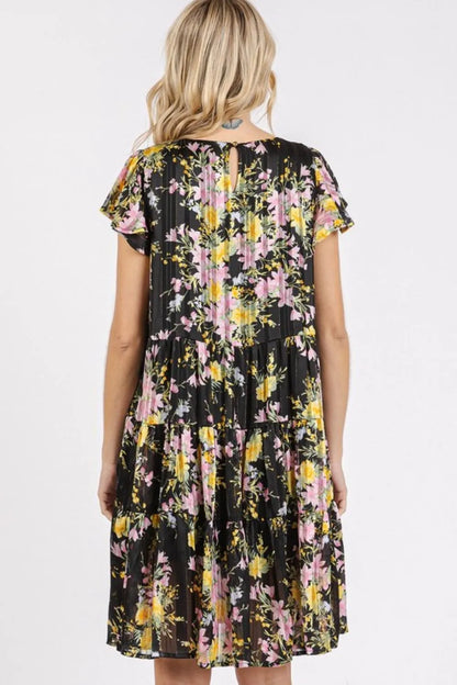 Flower Print Round Neck Flutter Sleeve Tiered Dress in Black - product view 4