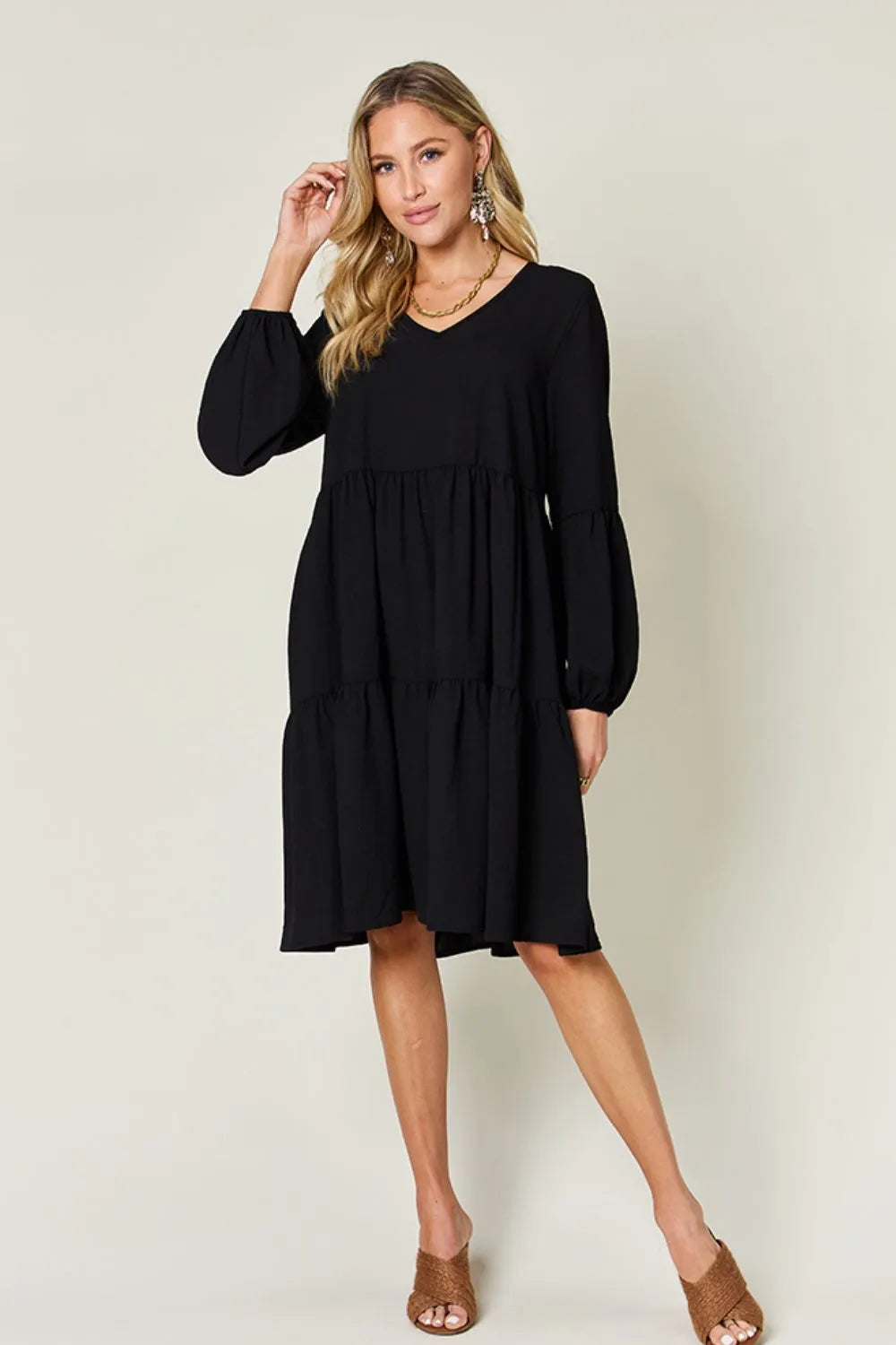 Full Size V-Neck Balloon Sleeve Tiered Dress with Pockets in Light Green, Pink and more - product view 24