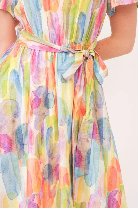 Watercolor Print Tie Front Midi Dress - Orange Combo - product view 9